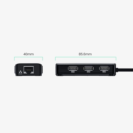 Adapter sieciowy Ugreen 20264 RJ45 / USB-A 10/100Mbps HUB 3x USB-A 2.0 - czarny