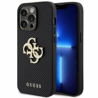 Guess Lederhülle mit perforiertem 4G-Glitzer-Logo für iPhone 15 Pro – Schwarz