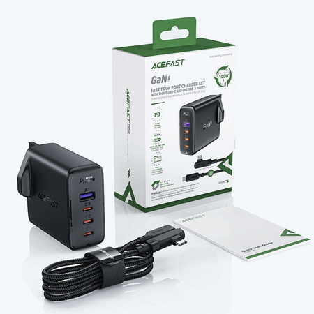 Fast charger GaN UK 100W Power Delivery 3x USB C 1x USB - black