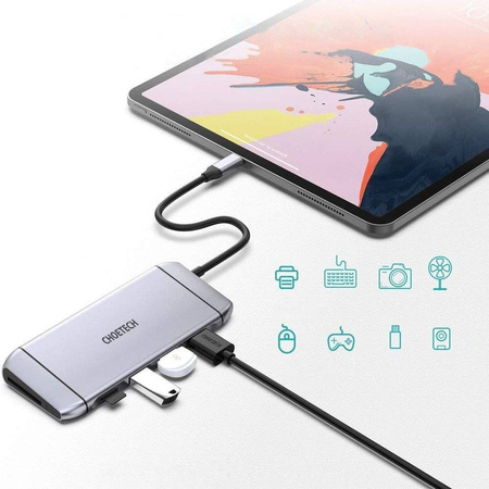 Choetech 9w1 wielofunkcyjny HUB USB Typ C - 3x USB 3.2 Gen 1 / czytnik kart SD i TF / HDMI 4K 30Hz / VGA Full HD 60Hz / USB Typ C / RJ45 szary (HUB-M15 gray)