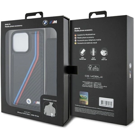 BMW M Edition Carbon Tricolor Lines &amp; Strap Hülle für iPhone 15 Pro Max – Schwarz