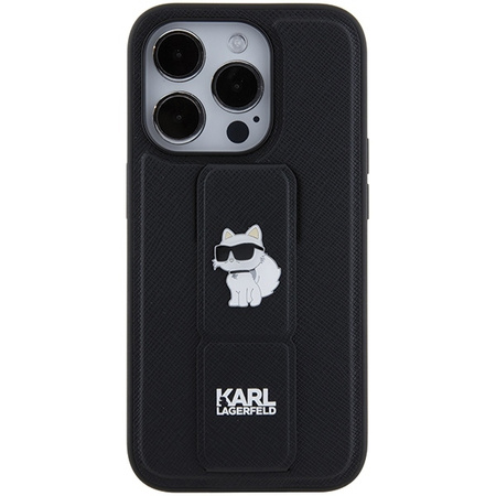 Karl Lagerfeld Gripstand Saffiano Choupette Pins case for iPhone 15 Pro Max - black