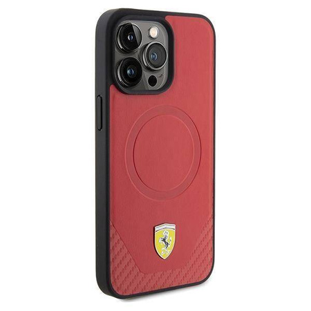 Original Handyhülle APPLE IPHONE 15 PRO Ferrari Hardcase Carbon Metal Logo MagSafe (FEHMP15LPTER) rot