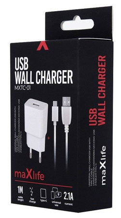 Ładowarka sieciowa zasilacz 2.1A Maxlife +kabel TYP-C USB-C Fast Charge biała