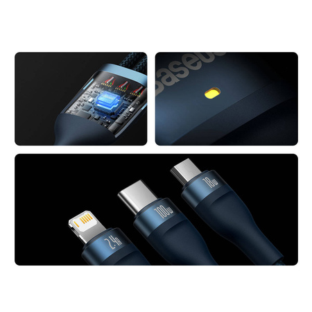 Baseus Flash Series Ⅱ One-for-three Fast Charging Data Cable USB to M+L+C 100W 1.2m Blue