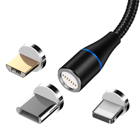 Maxlife kabel magnetyczny MXUC-03 USB - Lightning + USB-C + microUSB 1,0 m 3A czarny nylonowy