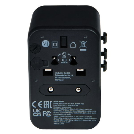 Verbatim Adapter podróżny EU/UK/US 3xUSB-A/2xUSB-C PD 61W UTA-04 czarny/black 49546