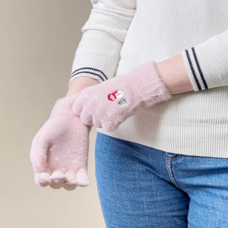 Women's winter telephone gloves with a snowman and a Christmas tree - pink