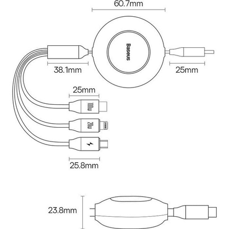 Baseus Bright Mirror 2 retractable cable 3in1 USB Type C - micro USB + Lightning + USB Type C 3.5A 1.1m purple (CAMJ010205)