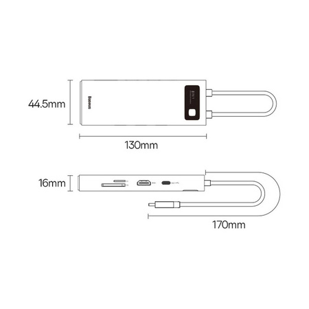 Stacja dokująca HUB Baseus Metal Gleam Series 8 w 1 USB Typ C - 1 x HDMI /  3 x USB 3.2 Gen. 1 / 1 x Power Delivery / 1 x czytnik kart SD / 1 x czytnik kart TF / 1 x VGA szary (WKWG050013)