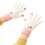 Women's winter telephone gloves with a snowman and a Christmas tree - white and pink