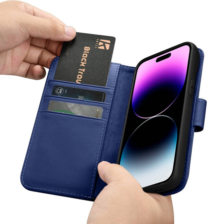 iCarer Wallet Case 2in1 etui iPhone 14 Pro skórzany pokrowiec z klapką Anti-RFID niebieski (WMI14220726-BU)