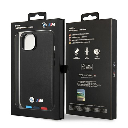 Original Handyhülle IPHONE 14 PLUS BMW Leather Stamp Tricolor (BMHCP14M22PTDK) schwarz