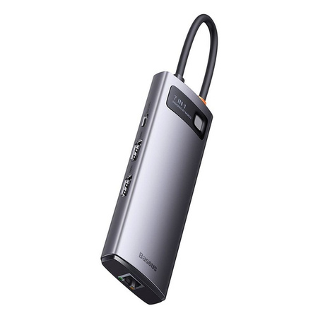 Baseus Metal Gleam Series stacja dokująca HUB 7 w 1 USB Typ C - 2 x HDMI /  3 x USB 3.2 Gen. 1 / 1 x Power Delivery / 1 x RJ-45 Ethernet szary (WKWG040113)