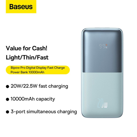 Baseus Bipow Pro powerbank 10000mAh 20W + USB 3A 0.3m cable blue (PPBD040103)