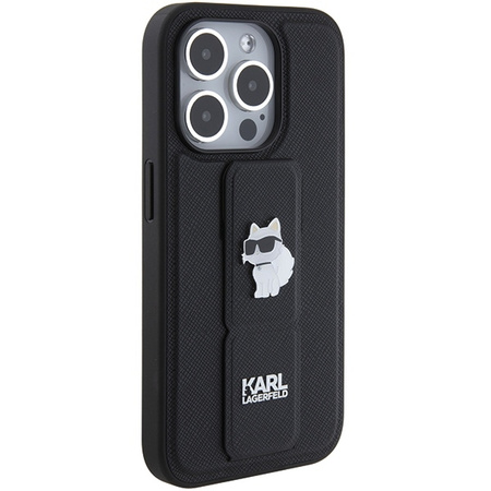 Karl Lagerfeld Gripstand Saffiano Choupette Pins case for iPhone 15 Pro Max - black