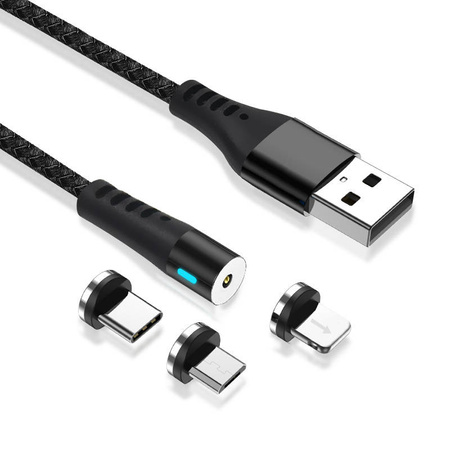 Maxlife kabel magnetyczny MXUC-02 USB - Lightning + USB-C + microUSB 1,0 m 2A czarny nylonowy