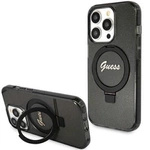 Guess Ring Stand Script Glitter MagSafe-Hülle für iPhone 15 Pro Max – Schwarz