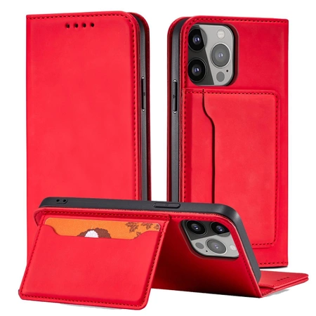 Magnet Card Case etui iPhone 14 Pro Max pokrowiec z klapką portfel podstawka czerwone