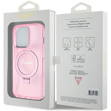 Guess Ring Stand Script Glitter MagSafe case for iPhone 15 Pro - pink