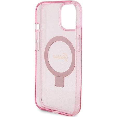 Guess Ring Stand Script Glitter MagSafe-Hülle für iPhone 15 Plus / 14 Plus – Rosa