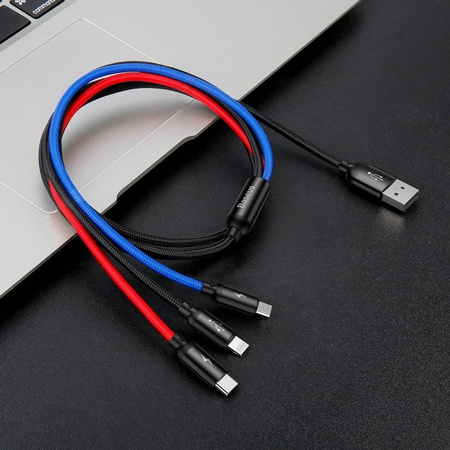 Baseus Three Primary Colors kabel 3w1 USB - micro USB / Lightning / USB-C w nylonowym oplocie 3.5A 1,2M czarny (CAMLT-BSY01)