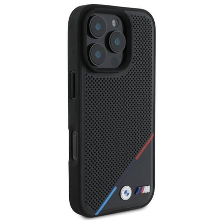 Original Handyhülle IPHONE 16 PRO MAX BMW Hardcase M Perforated Tricolor Line MagSafe (BMHMP16X23PUPDK) schwarz