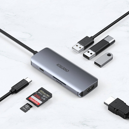 Choetech 7in1 multifunctional USB Type C HUB - 3x USB 3.2 Gen 1 / SD and TF memory card reader / HDMI 4K 30Hz / USB Type C gray (HUB-M19 gray)