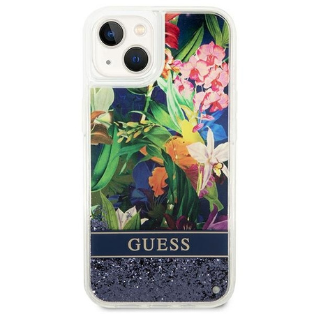 Case IPHONE 14 Guess Hardcase Flower Liquid Glitter blue