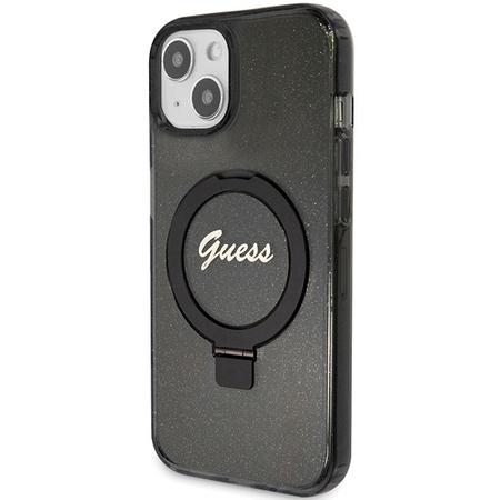 Guess Ring Stand Script Glitter MagSafe Hülle für iPhone 15 Plus / 14 Plus – Schwarz