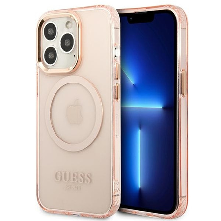 Oryginalne Etui IPHONE 13 PRO Guess Hard Case Gold Outline Translucent MagSafe (GUHMP13LHTCMP) różowe