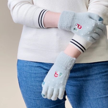 Women's winter telephone gloves with a snowman and a Christmas tree - green