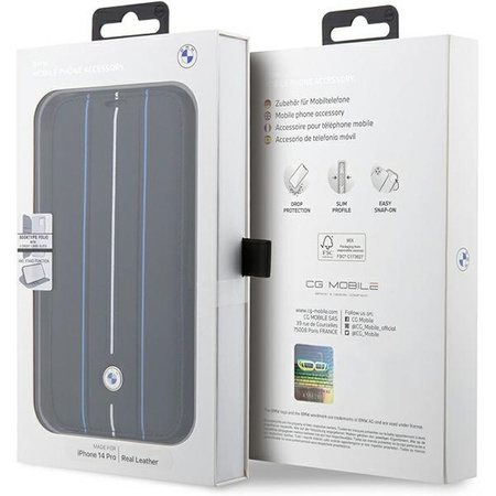 Original Case IPHONE 14 PRO BMW Bookcase Leather Stamp Blue Lines (BMBKP14L22RVSK) black