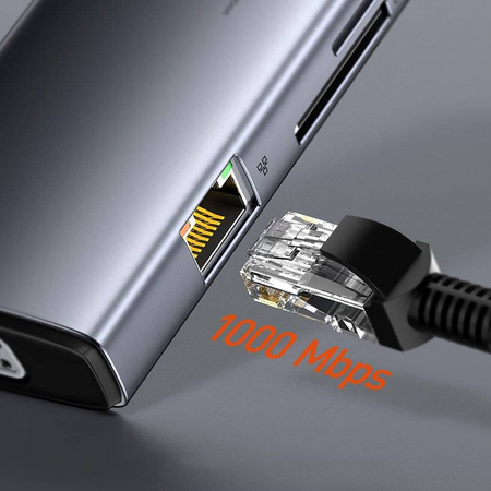 Baseus Metal Gleam 11w1 wielofunkcyjny HUB USB Typ C - 3x USB 3.2 Gen 1 5Gbps / USB Typ C PD 100W / 3,5 mm mini jack AUX / VGA Full HD 60Hz / 2x HDMI 4K 30Hz / czytnik kart TF i SD / RJ45 1Gbps szary (CAHUB-CT0G)