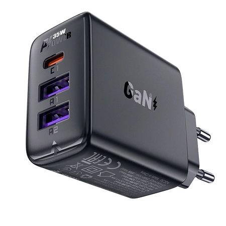 Acefast A57 PD 35W GaN-Ladegerät 2 x USB-A + USB-C mit 3 Anschlüssen – Schwarz