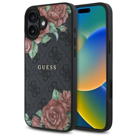 Original Handyhülle IPHONE 16 Guess Hardcase 4G Flowers Print MagSafe (GUHMP16SP4ROPEMCK) schwarz