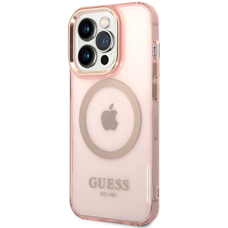 Oryginalne Etui IPHONE 14 PRO MAX Guess Hard Case Gold Outline Translucent MagSafe (GUHMP14XHTCMP) różowe