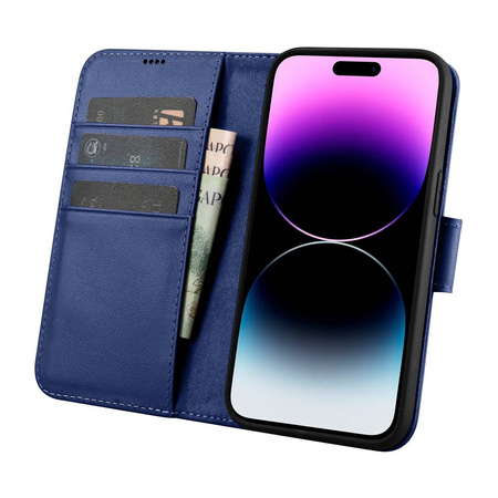 iCarer Wallet Case 2in1 etui iPhone 14 Pro Max skórzany pokrowiec z klapką Anti-RFID niebieski (WMI14220728-BU)