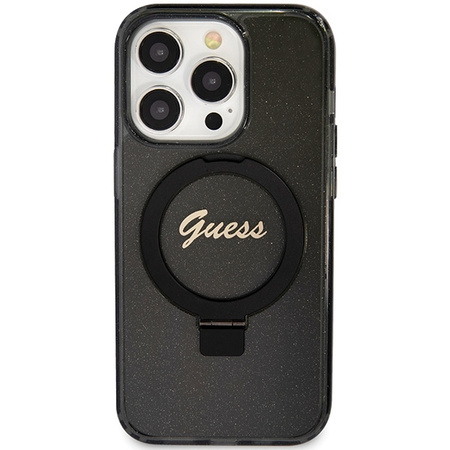 Guess Ring Stand Script Glitter MagSafe case for iPhone 15 Pro - black