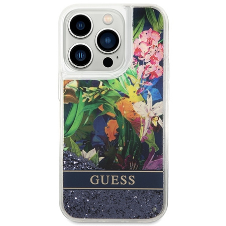 Schutzhülle IPHONE 14 PRO Guess Hardcase Flower Liquid Glitter blau