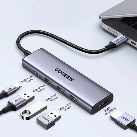 HUB Ugreen CM511 15597 5in1 USB-C - USB-C PD / HDMI / 3x USB-A 3.0 - Grau