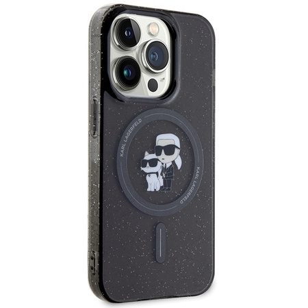 Karl Lagerfeld Karl&amp;Choupette Glitter MagSafe Hülle für iPhone 15 Pro – Schwarz