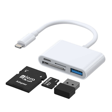 Joyroom adapter with SD and TF card reader, USB OTG port and cable with Lightning connector white (S-H142)