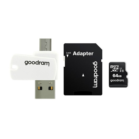 Goodram All in one 64 GB karta pamięci micro SD XC UHS-I class 10, adapter SD, czytnik kart micro SD OTG (USB, micro USB) (M1A4-0640R12)