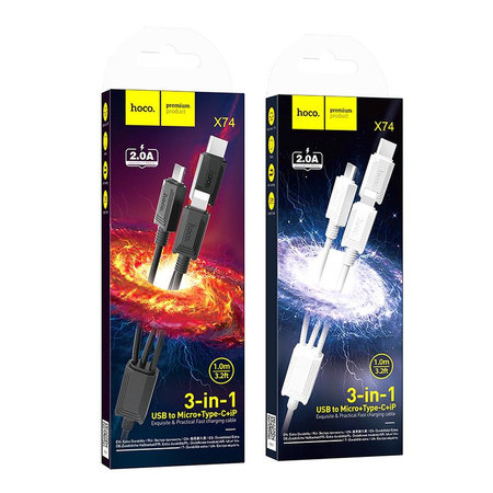 HOCO kabel 3w1 USB A do Lightning / Micro USB / Typ C 2A X74 1 m czarny