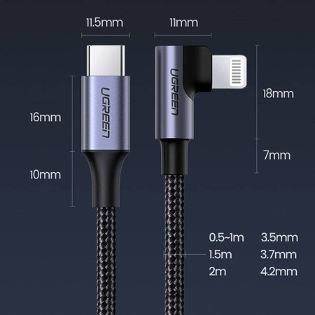 Ugreen MFI kątowy kabel przewód z bocznym wtykiem USB Typ C - Lightning Power Delivery 3 A 1,5 m szary (60764 US305)