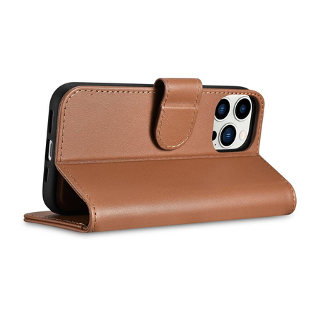 iCarer Wallet Case 2in1 etui iPhone 14 Pro skórzany pokrowiec z klapką Anti-RFID brązowy (WMI14220726-BN)