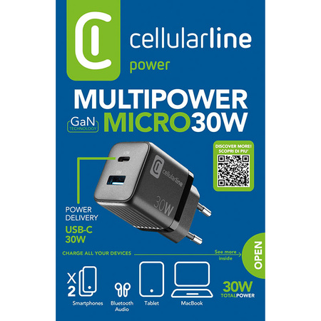 Cellularline Multipower Micro GaN - Ładowarka sieciowa USB-C & USB-A Power Delivery 30W (czarny)