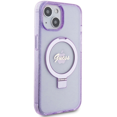 Guess Ring Stand Script Glitter MagSafe case for iPhone 15 - purple