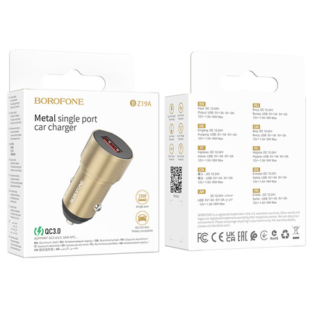 Borofone Ładowarka samochodowa BZ19A Wisdom - USB - QC 3.0 18W złota